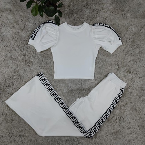 Solid Color Simple Round Neck Lantern Short Sleeve + Trousers Two-piece Set
