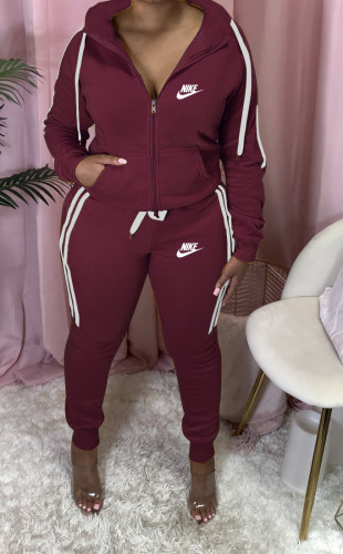 Fashion casual solid hooded sports two piece set