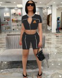 Hot Stamped Zipper Short Sleeve Fashion Sports Two Piece Set