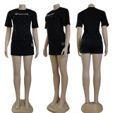 Black Embossed Short Sleeve + Short Skirt Set