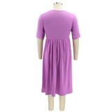 Round Neck Short Sleeve Solid Color Slim Fit Loose Plus Size Ladies Dress