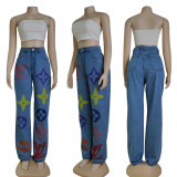 Casual Versatile Denim High Waist Blue Washed Trousers Jeans