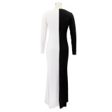 Solid color stitching V-neck elastic long-sleeved fashion sexy dress