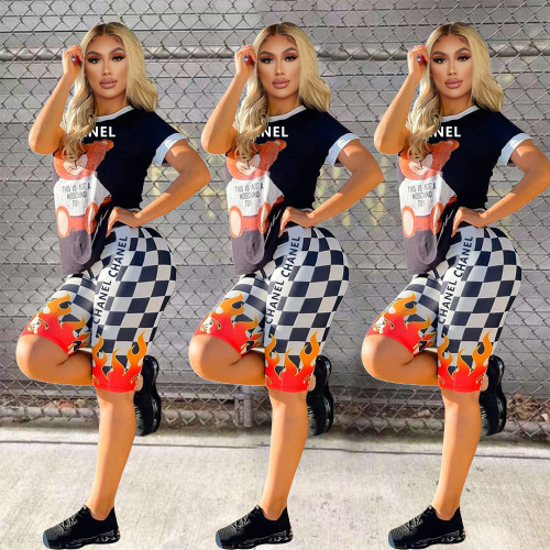 Short Sleeve Loose Cute Trendy Fashion Printed Cotton Two-piece Set