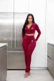 Fashion Korean cashmere solid color long sleeve exposed navel fold suit Two pieces