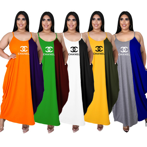 Colorblock Round Neck Strap Irregular Plus Size Ladies Dress