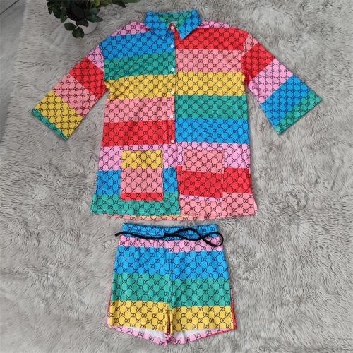 Fashion loose casual colorful printed shirt + shorts two piece set
