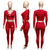 V-neck thread long sleeve Pants Set Two pieces