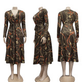 Fashion digital printing casual loose long sleeve large swing dress with belt