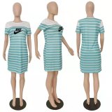 Striped color printed casual short sleeved dress