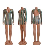 2022 new V-neck sexy backless long sleeve Hip Wrap nightclub stripe Sequin dress