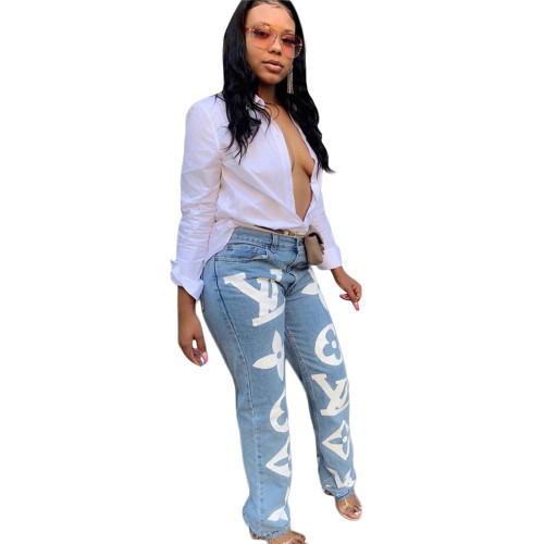 Casual Versatile Denim High Waist Blue Washed Trousers Jeans