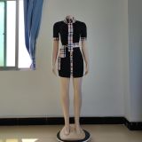 2022 Summer Solid Color Lapel Casual Plaid Short Sleeve Shirt Dress