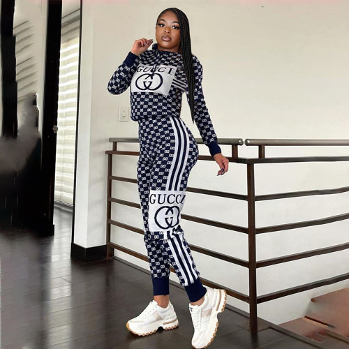 Long sleeve hooded casual personality suit high quality printed two piece set