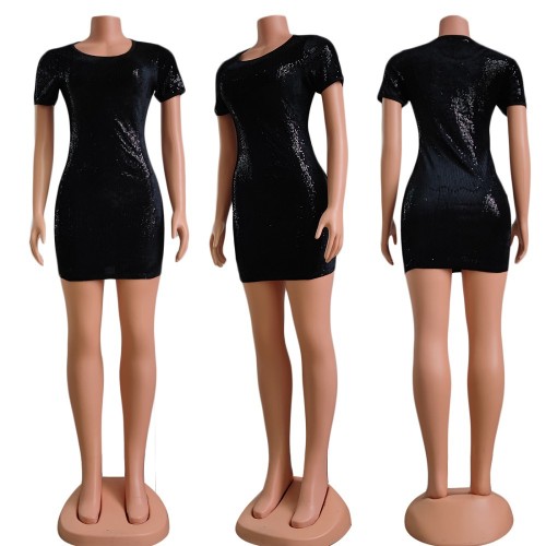 2022 Summer Black Sequin round neck short sleeve sexy fashion dress