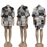 Fashion casual printed shirt skirt with belt Dresses