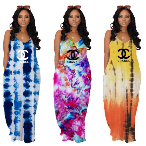 Tie-Dye Print Loose Slip Dress Maxi Dress with Pockets