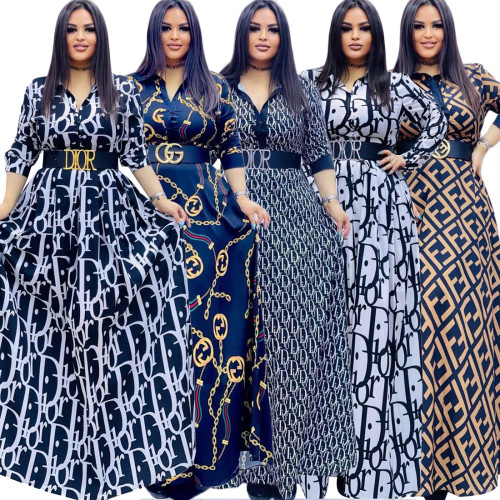 Fashion Digital Printing Casual Loose Long Sleeve Swing Dress