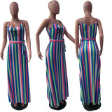 Horizontal and vertical stripes Color printing loose casual suspender skirt with head scarf