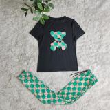 Embroidered Green Bear Print Two Piece
