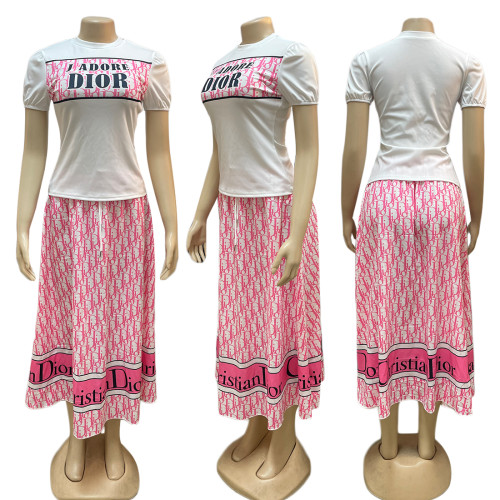 Printed Short Sleeve + Long Skirt Two Piece Set