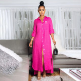 Plus Size Loose Casual Solid Color Long Shirt Dress (without belt)