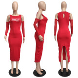 Fashion solid color mesh sleeve panel off shoulder split dress