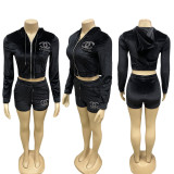 Solid color hot drill zipper jacket + shorts two-piece set