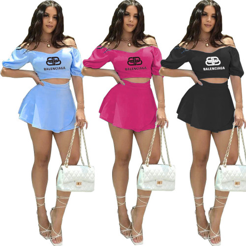 Fashion one-shoulder short-sleeved culottes solid color two-piece set