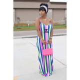 Horizontal and vertical stripes Color printing loose casual suspender skirt with head scarf