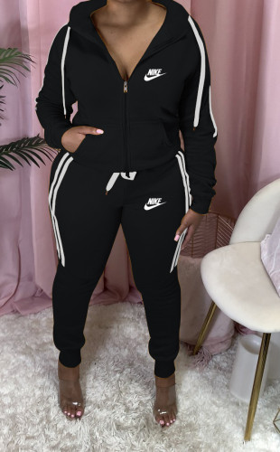 Fashion casual solid hooded sports two piece set