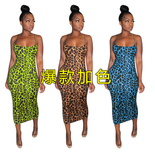 2022 women's hollow out sexy suspender leopard print dress