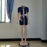 2022 Summer Solid Color Lapel Casual Plaid Short Sleeve Shirt Dress