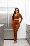 Fashion Korean cashmere solid color long sleeve exposed navel fold suit Two pieces