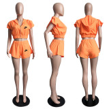 Spring new hooded zipper short sleeve two piece set