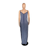 2022 spring / summer women's sexy striped suspender leopard pocket dress