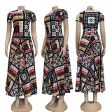 Printed short sleeve long skirt two piece set