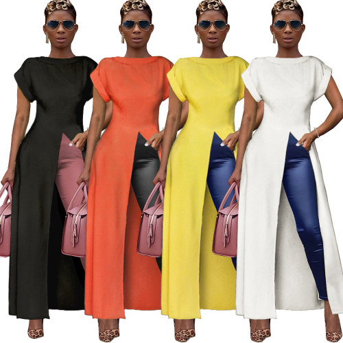 2022 spring women's round neck short sleeve high split zipper solid color sexy dress