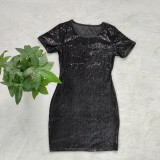 2022 Summer Black Sequin round neck short sleeve sexy fashion dress
