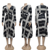 Fashion digital printing casual loose long sleeve large swing dress with belt