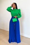 Solid Color Long Stand Collar Puff Sleeve Tie Back Top