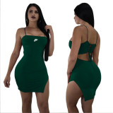 Sexy solid color suspender irregular dress