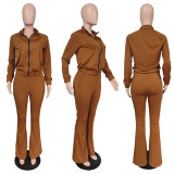 Fashion solid color sports suit women European and American zipper top flared pants two-piece set