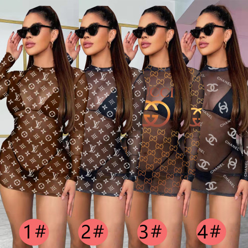 Sexy Temperament Fashion Printed High Elastic Round Neck Long Sleeve Perspective Mesh Wrap Hip Mid Skirt