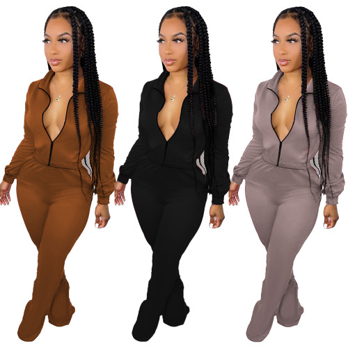 Fashion solid color sports suit women European and American zipper top flared pants two-piece set