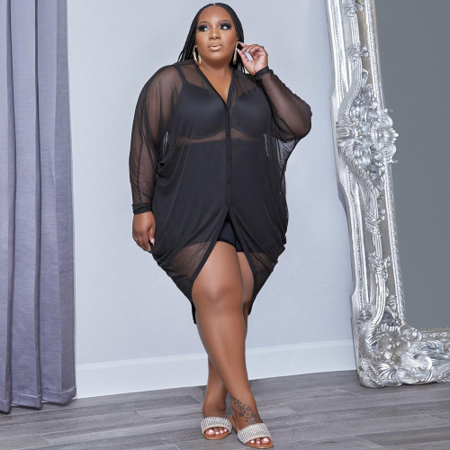 Plus Size Women's V-Neck Button Sexy Mesh Skirt See-Through Outer Dress (Dress only, excluding inner wear)