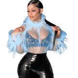 Popular fashion high-neck long-sleeved feather stitching dense mesh see-through top