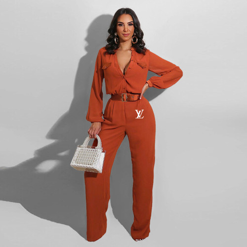 Fashion Casual Loose Women's Slim Solid Color Printed Long Sleeve Jumpsuit