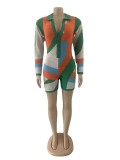 Colorblock Graffiti Slim Fit V-Neck Single-Breasted Long-Sleeve Wool Knit Track Shorts