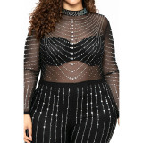 Hot-selling high-stretch see-through sexy long-sleeved mesh hot drill jumpsuit